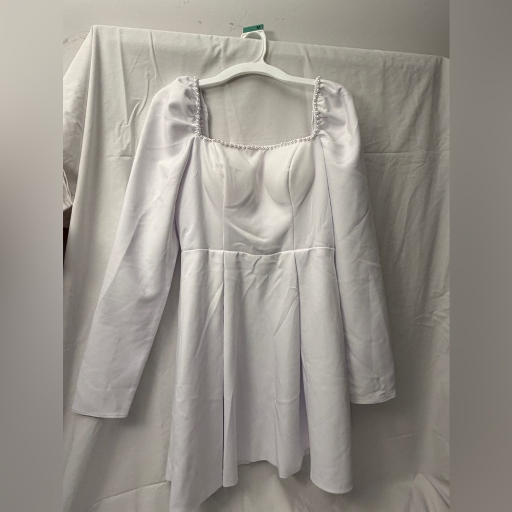 White Long Sleeve Square Neck Dress with Pearl Trim